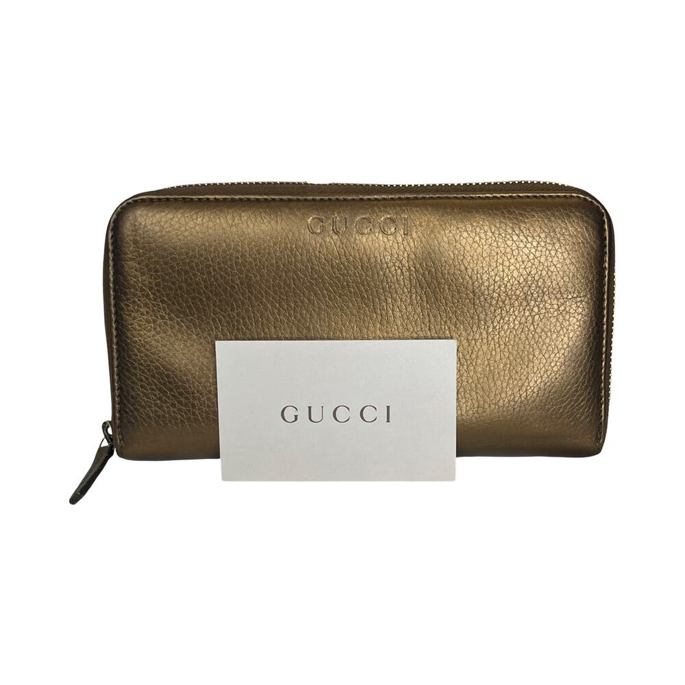 Gucci Metallic Bronze Pebbled Leather Zip Around Continental Wallet